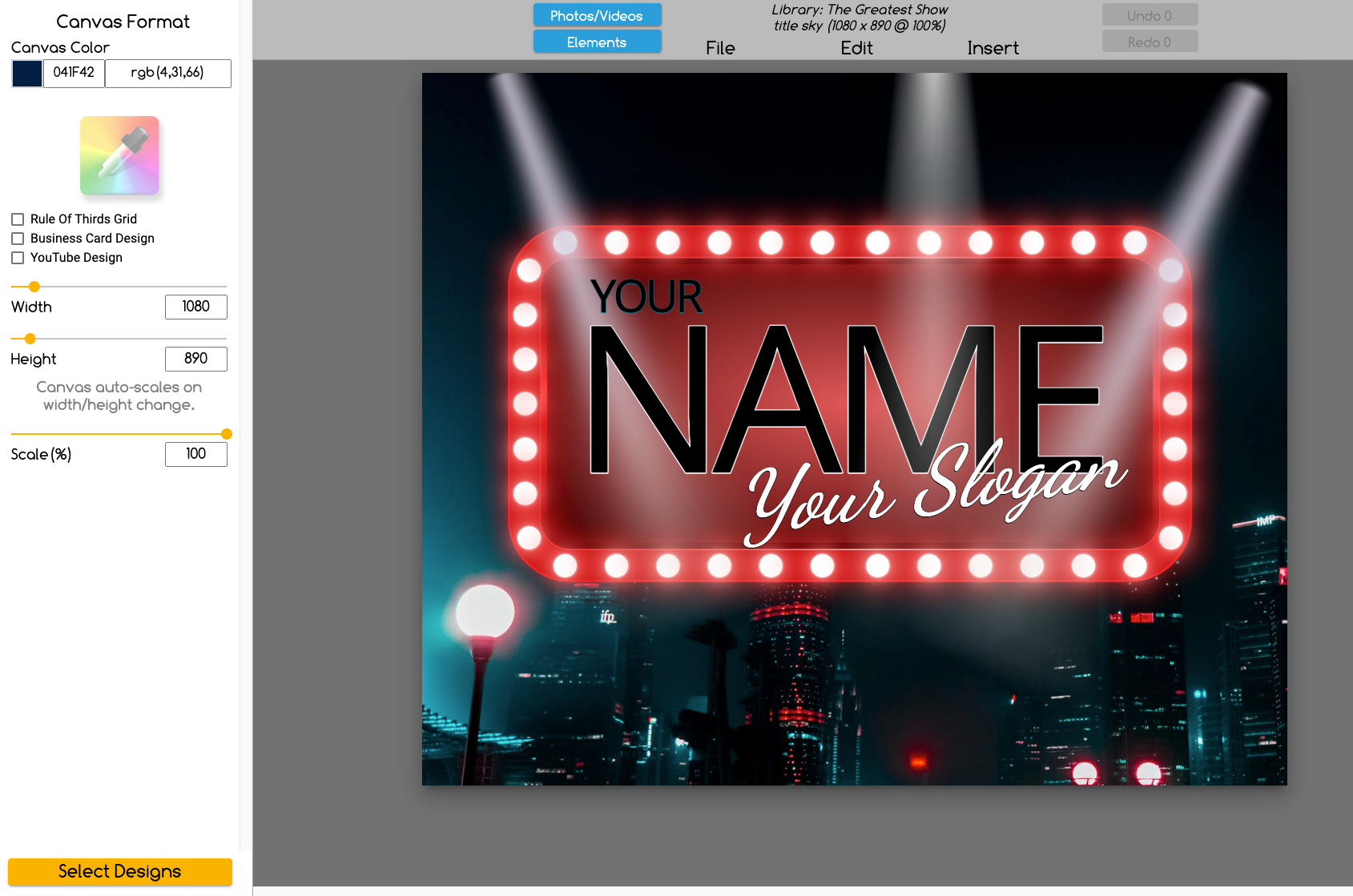 Red marquee sign with bright spotlights shining on it; template created in The Graphics Creator
