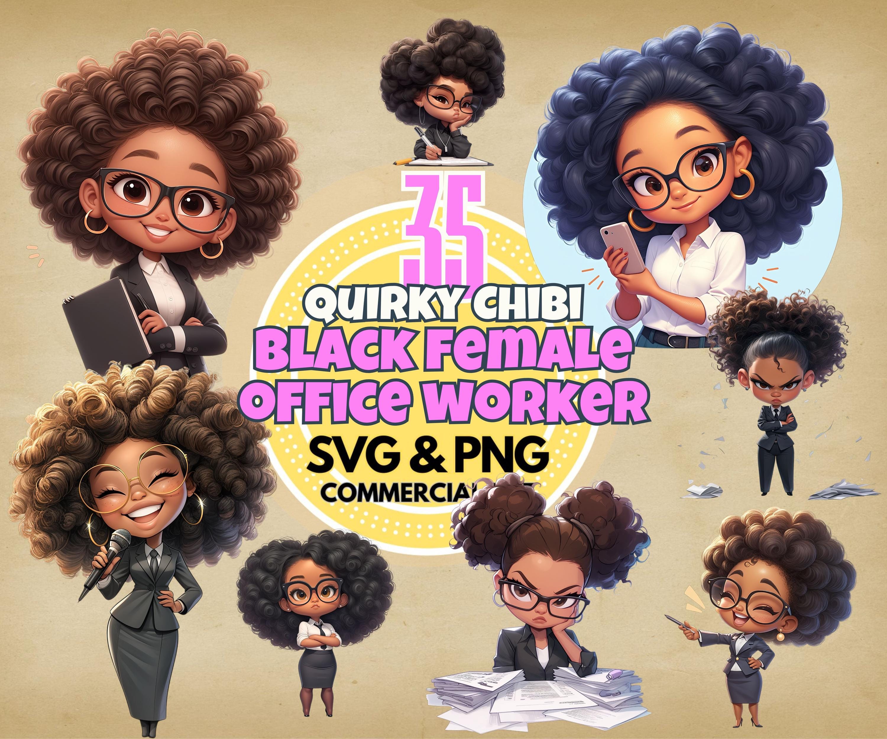 Charming Black Female Office Worker Clipart Set, Cute Chibi Characters, 35 Graphics, 300 DPI PNGs & Scaleable SVGs, Instant Download