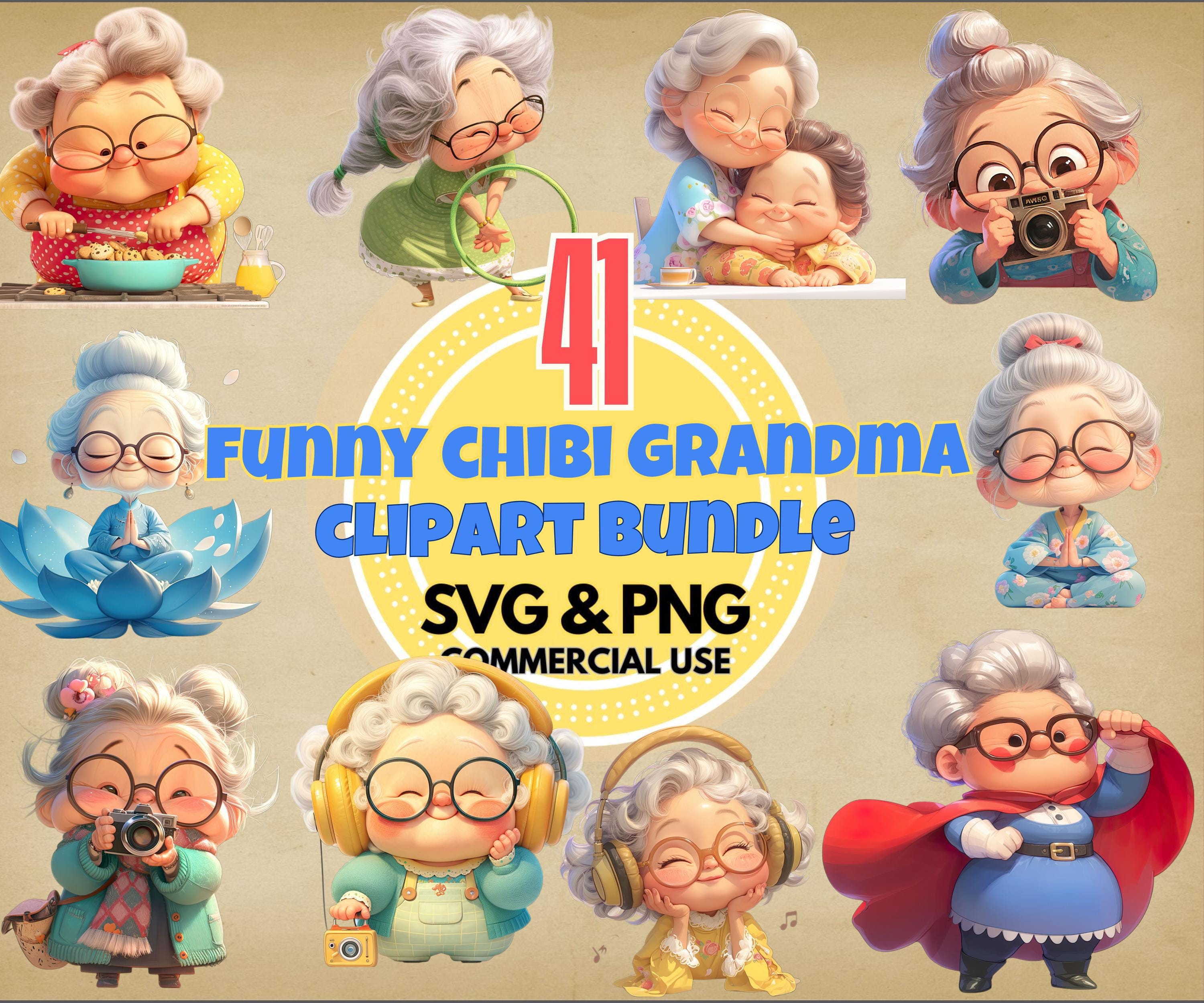 PNG and SVG Cute funny Chibi Senior Lady Clipart Bundle Cozy Granny Commercial use Instant Download Paper Crafts Junk Journal Scrapbooking